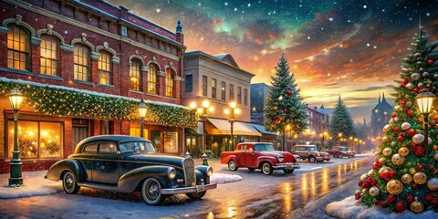 Obraz premium Vintage Architectural Photography of 1940s Christmas Decorations in Urban Settings