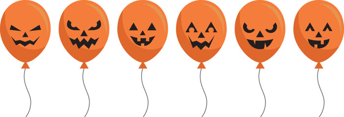 halloween balloons set with scary faces n flat design, isolated vector illustration,orange balloons with black face expressions,design elements for halloween cards,poster,banner,decoration,invitation