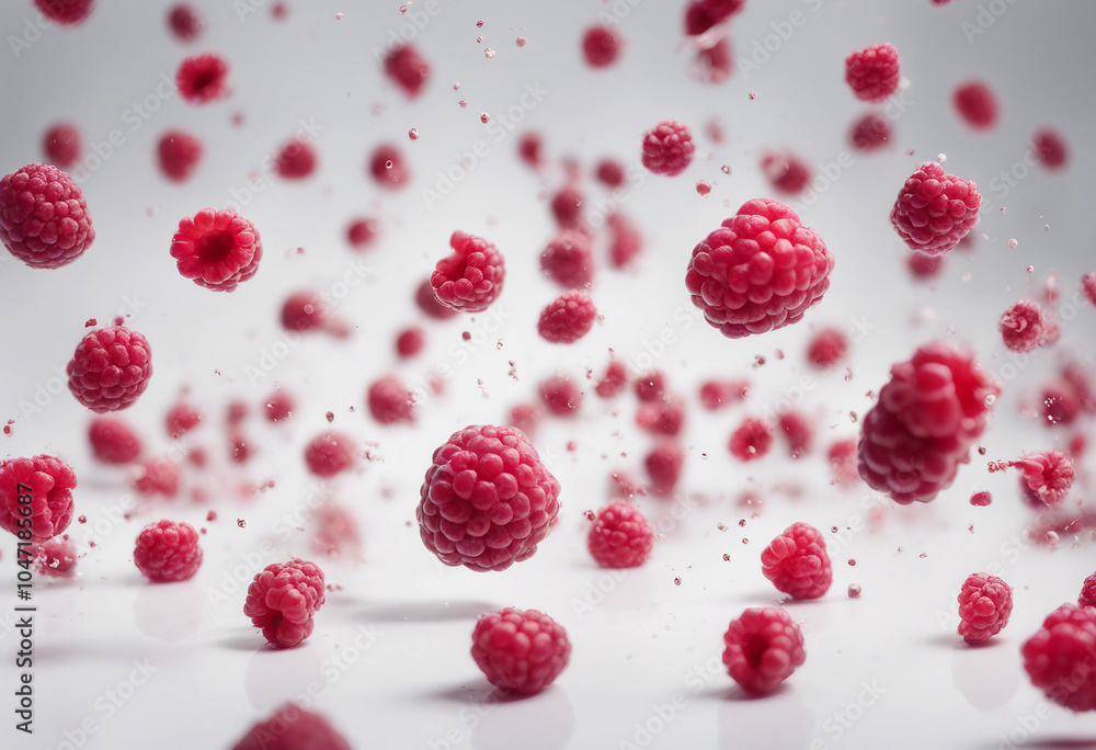Poster falling raspberry isolated on white background full depth of field
