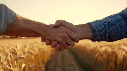 Two hands shaking in a wheat field at sunset, symbolizing partnership.