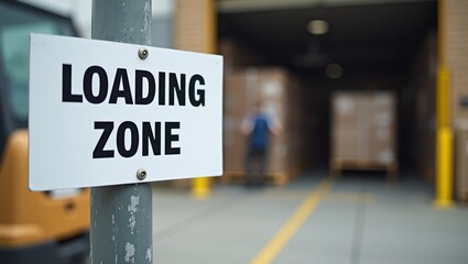 Busy loading dock entrance white LOADING ZONE sign on bold black letters attached to metal post