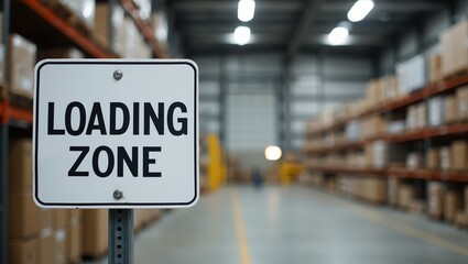 Busy loading dock entrance white LOADING ZONE sign on bold black letters attached to metal post