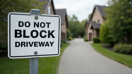 Notice DO NOT BLOCK DRIVEWAY sign on metal post outside home