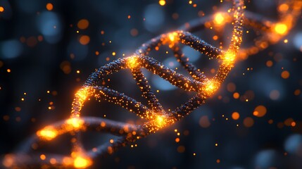 Glowing DNA Helix with Particles Against Dark Background