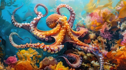 A Colorful Octopus Surrounded by Kelp and Coral