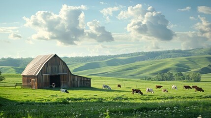 Obraz premium Rustic Barn and Grazing Cows in a Rolling Green Field