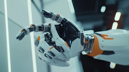 Robotics engineer adjusting, calibring robotic prosthetic hand. Concept of modern technology in medicine. Robotic prosthetics, biomechatronics and neuroscience.