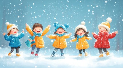 Fototapeta premium Joyful Children Playing in Snowy Winter Wonderland with Colorful Winter Clothing and Falling Snowflakes