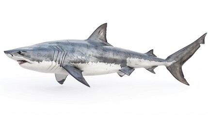Fototapeta premium A Great White Shark with its Mouth Open, Swimming in a White Background