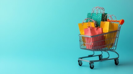 A shopping cart is filled with brightly colored bags, showcasing an array of designs. The cart sits against a striking turquoise backdrop, creating a cheerful shopping vibe