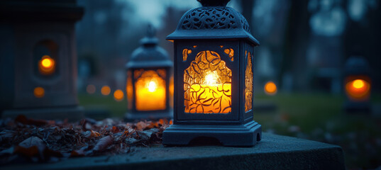 Decorative Glass Lanterns with Candles on Graves