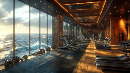 A modern gym with panoramic ocean views, designed for fitness and relaxation.