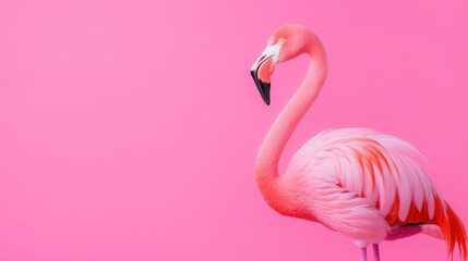 Fototapeta premium Vibrant pink flamingo against a bright pink background