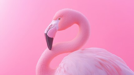 Naklejka premium Close-up of a vibrant pink flamingo against a solid pink background