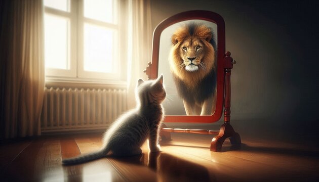 A small cat and kitten sat looking in the mirror, but the reflection in the mirror was a mighty and majestic lion