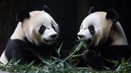 Fototapeta premium Pandas Enjoying Bamboo in a Zoo Setting