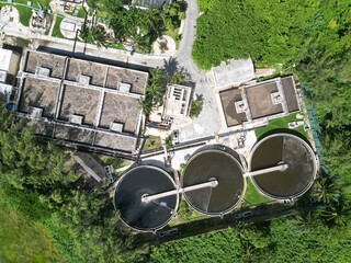 Wastewater plant, aerial view. Cleaning, purification and filtration of sewage water	
