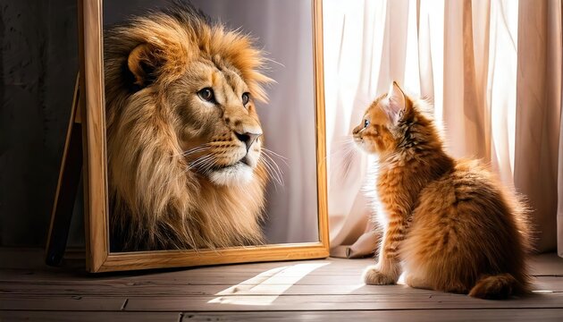 A small cat and kitten sat looking in the mirror, but the reflection in the mirror was a mighty and majestic lion