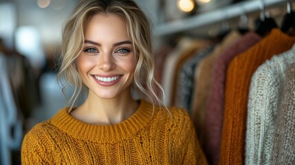 A cheerful woman wearing a warm, knitted sweater stands in a clothing store surrounded by colorful garments, showcasing her friendly smile and bright eyes