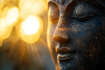 A calm, serene face with light beams indicating inner peace,