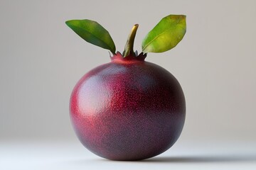 Fototapeta premium Red pomegranate with green leaves on neutral background