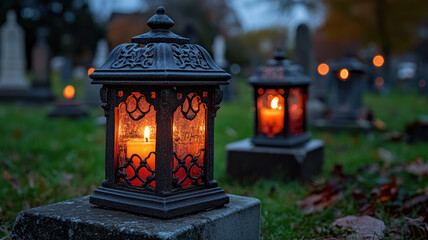 Decorative lanterns on a cemetery with candles inside