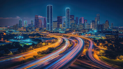 City skyline at night with light trails