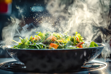 Bowl of salad with a splash of water on top. The salad is colorful and fresh, with a variety of vegetables including tomatoes, cucumbers, and peppers. The water adds a refreshing touch to the dish