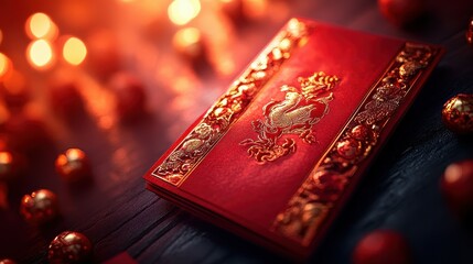 A vibrant red envelope featuring intricate golden designs lies on a rustic wooden surface, illuminated by soft glowing lights, evoking a festive atmosphere