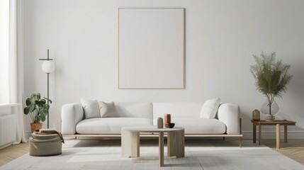 A modernistic living room design featuring a white canvas backdrop, Styled with minimalist furniture arrangements, Modernistic minimalist style
