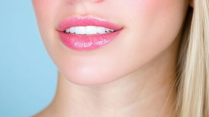 Obraz premium Closeup of Woman s Smiling Lips with Pink Gloss and White Teeth