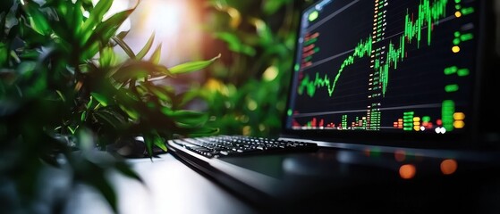 Laptop with stock market data and greenery.