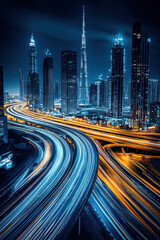Fototapeta premium Night view of skyscrapers and traffic movement