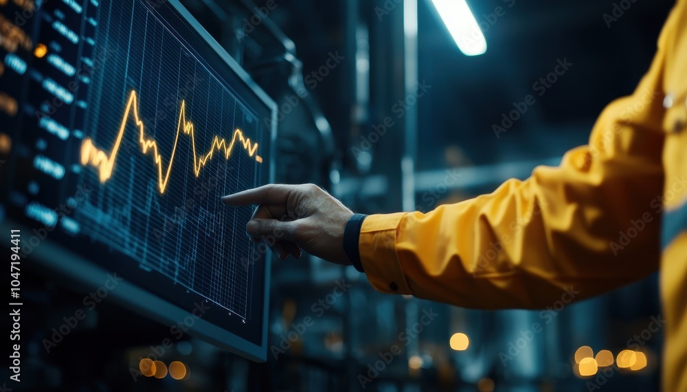 Poster Person interacting with data on touchscreen monitor.