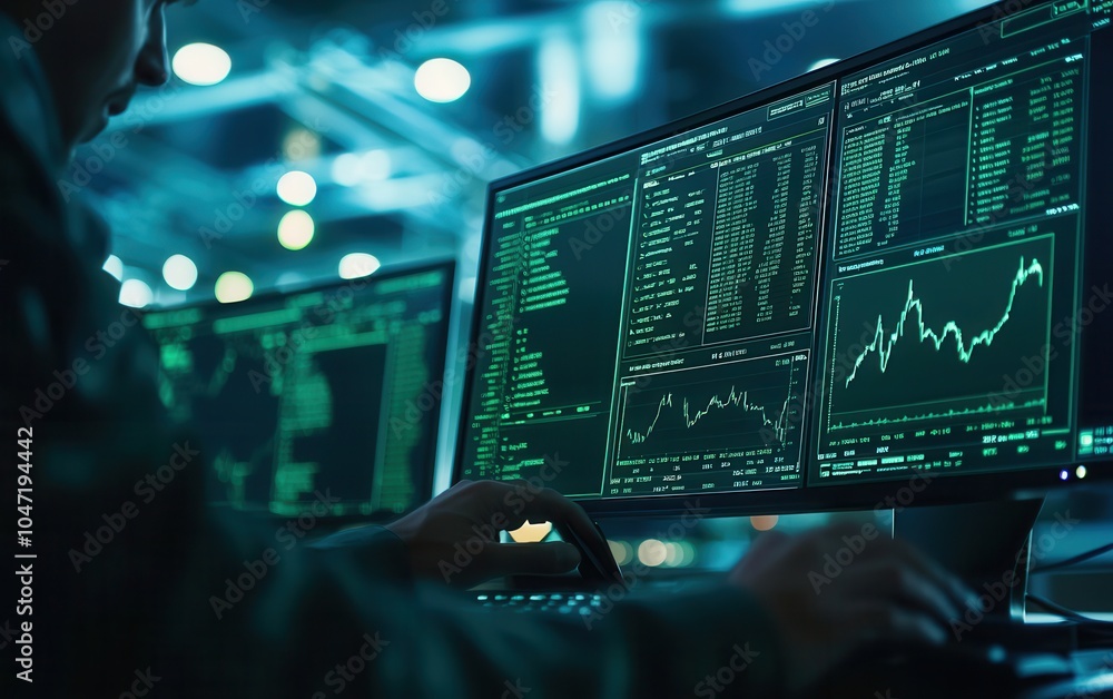 Poster person analyzing data on multiple monitors