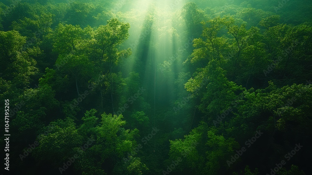 Aufkleber a serene forest scene with sunlight filtering through the trees, creating a mystical atmosphere.