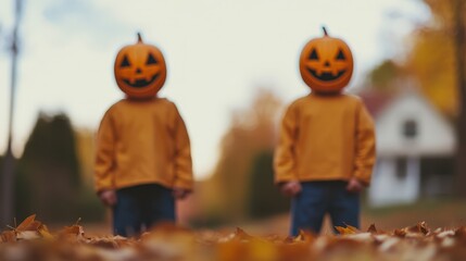 Two pumpkin-headed figures stand in a pile of autumn leaves