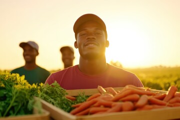 young man holding fresh produce in a field at sunset