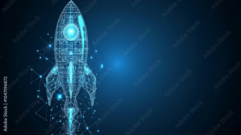 Poster abstract polygonal rocket with connecting lines and dots, technology and innovation concept