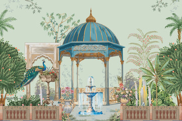 Ancient Roman garden with balustrade, fountain, temple, dome, peacock, parrot, bird, flower seamless pattern illustration © MdSayeed