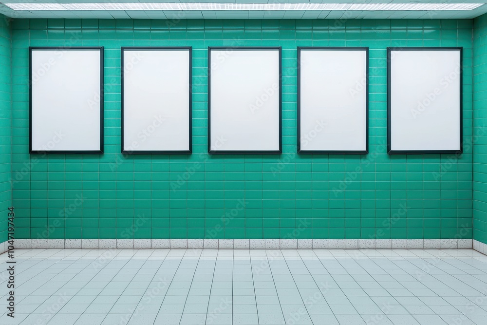 Poster empty gallery with green wall and frames