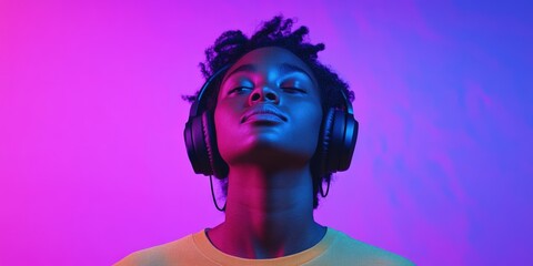 person listening to music with headphones in colorful lighting