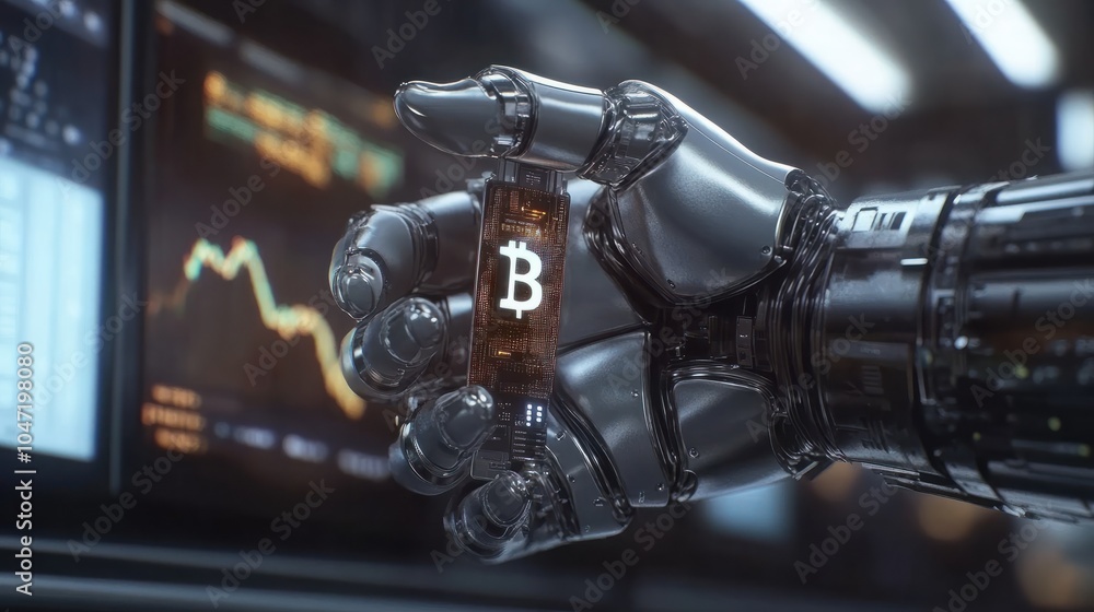 Poster business hand working with cryptocurrency and ai conputer interface.