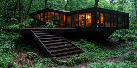 Fototapeta premium Modern Wooden House with Large Windows in Forest at Dusk