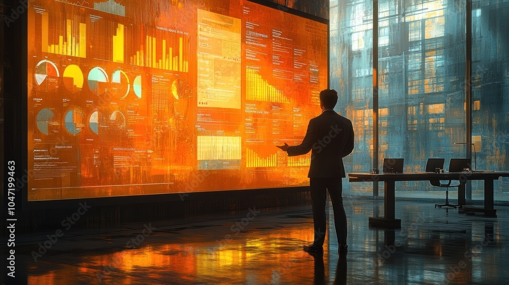 Poster a business professional analyzes data on a large digital display in a modern office setting.