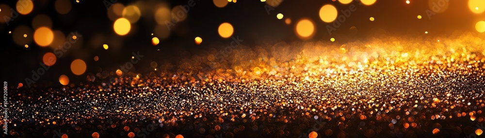 Poster shimmering gold and black background with sparkling bokeh lights.