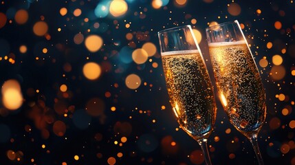 Two elegant champagne flutes filled with sparkling wine against a festive background.