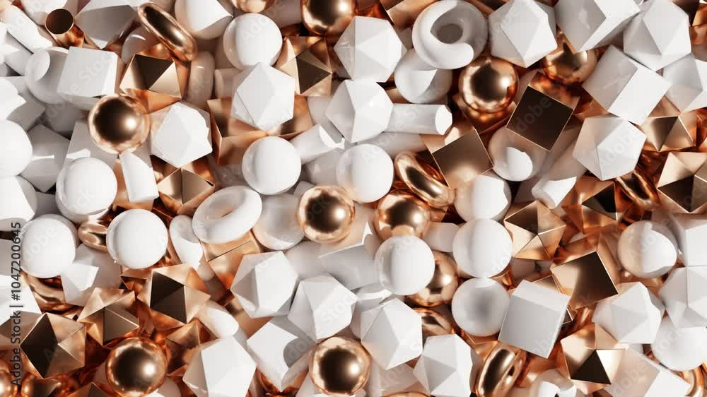 Aufkleber golden and white 3d geometric shapes in chaotic motion – abstract animation with rolling metallic an