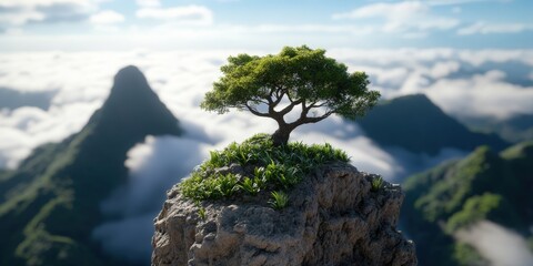 Lone Tree on Mountaintop Cliff with Cloudy Sky   Nature  Landscape  Wilderness