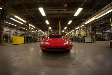 Red sports car in a manufacturing facility